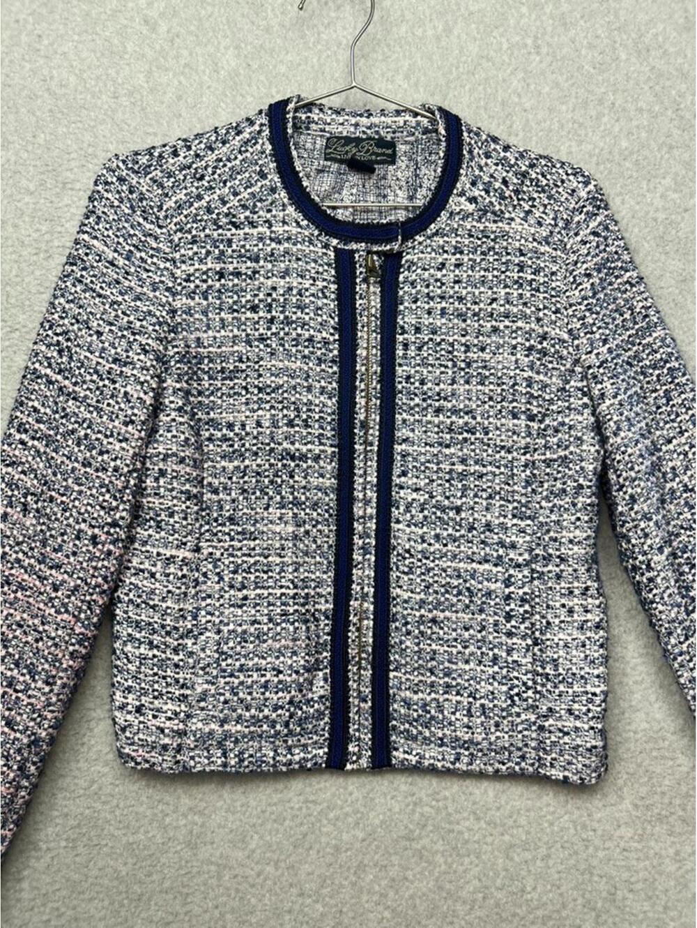 Lucky Brand Womens Tweed Bouclé Full Zip Jacket Blazer M Academia Preppy 70s - Picture 7 of 9